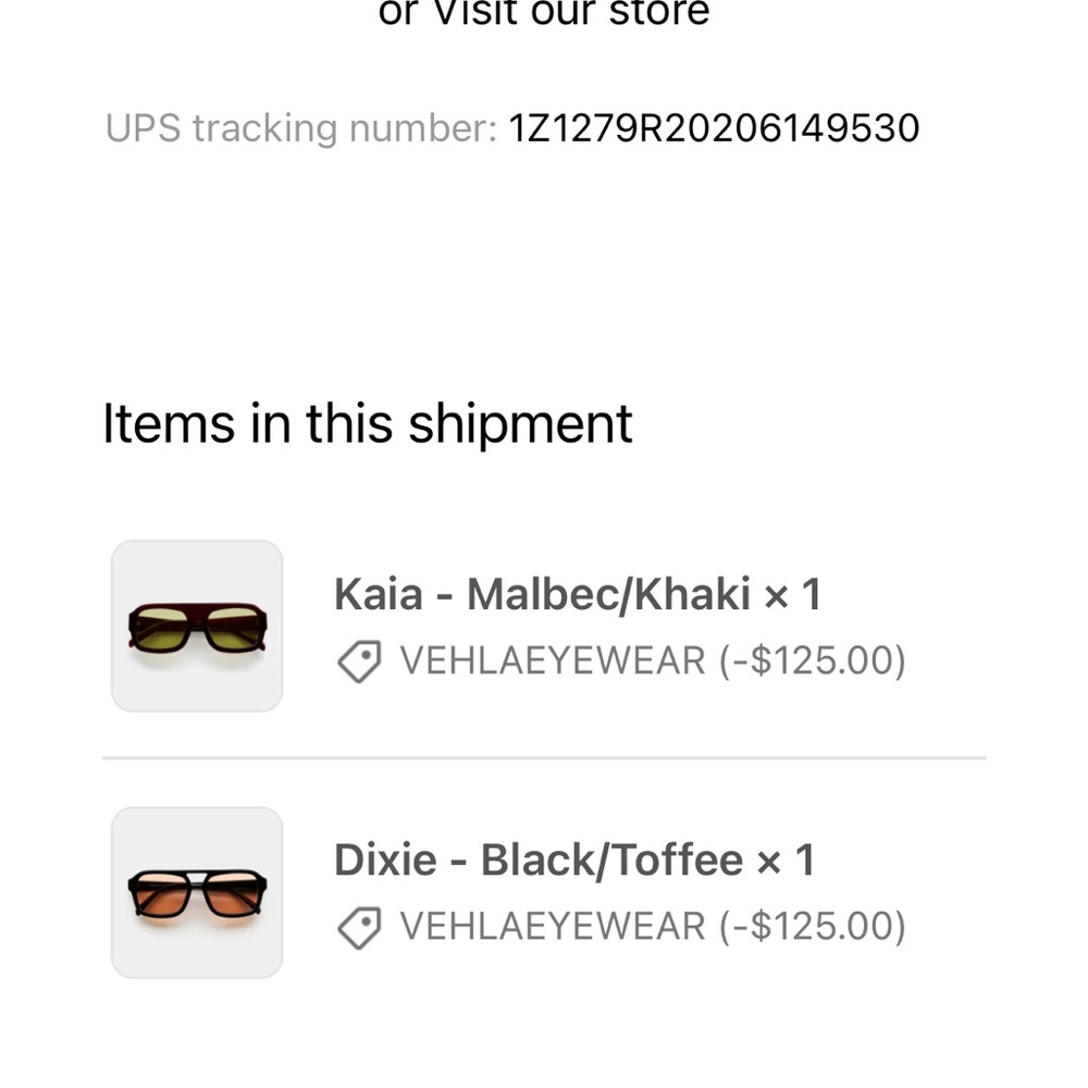 VEHLA Kaia Malbec Khaki and Dixie Black Toffee Sunglasses. Both pairs for $200.